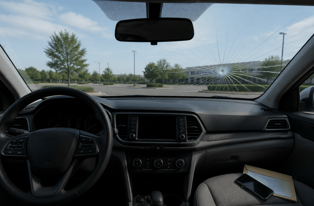 Driver's view through a windshield with a large impact crack spreading across the glass, showing why visibility damage requires urgent attention