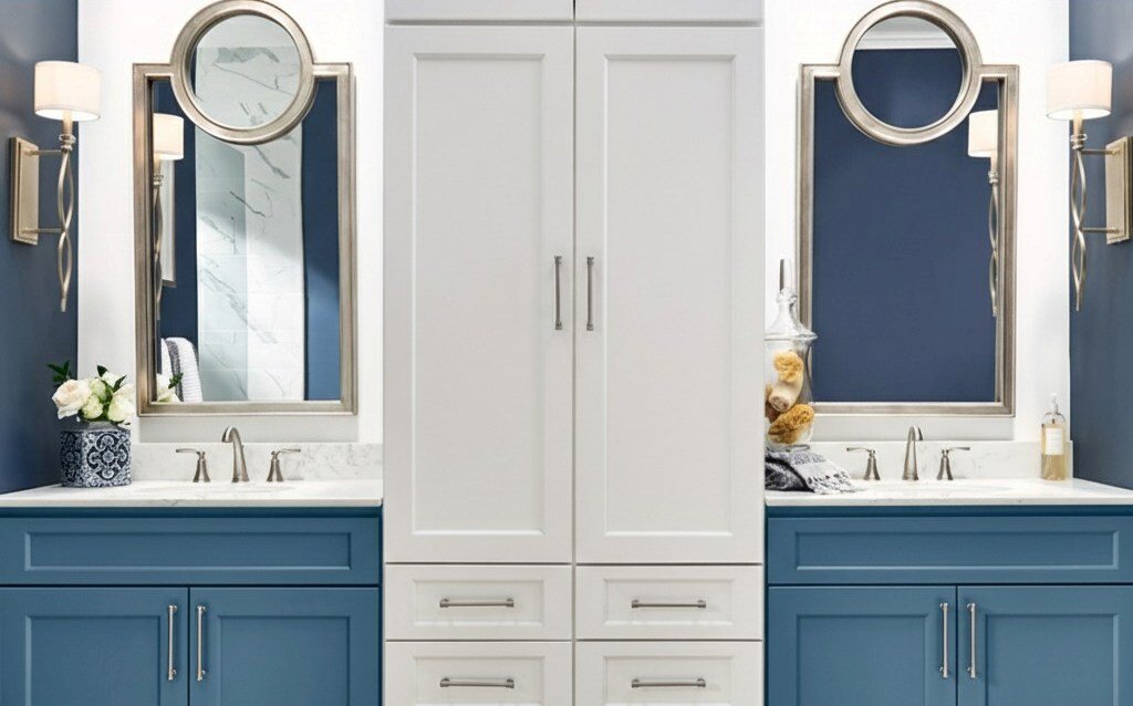 Elegant double vanity bathroom with blue cabinets