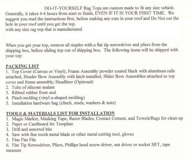 Universal Sliding Ragtops Instruction Manual Page 1