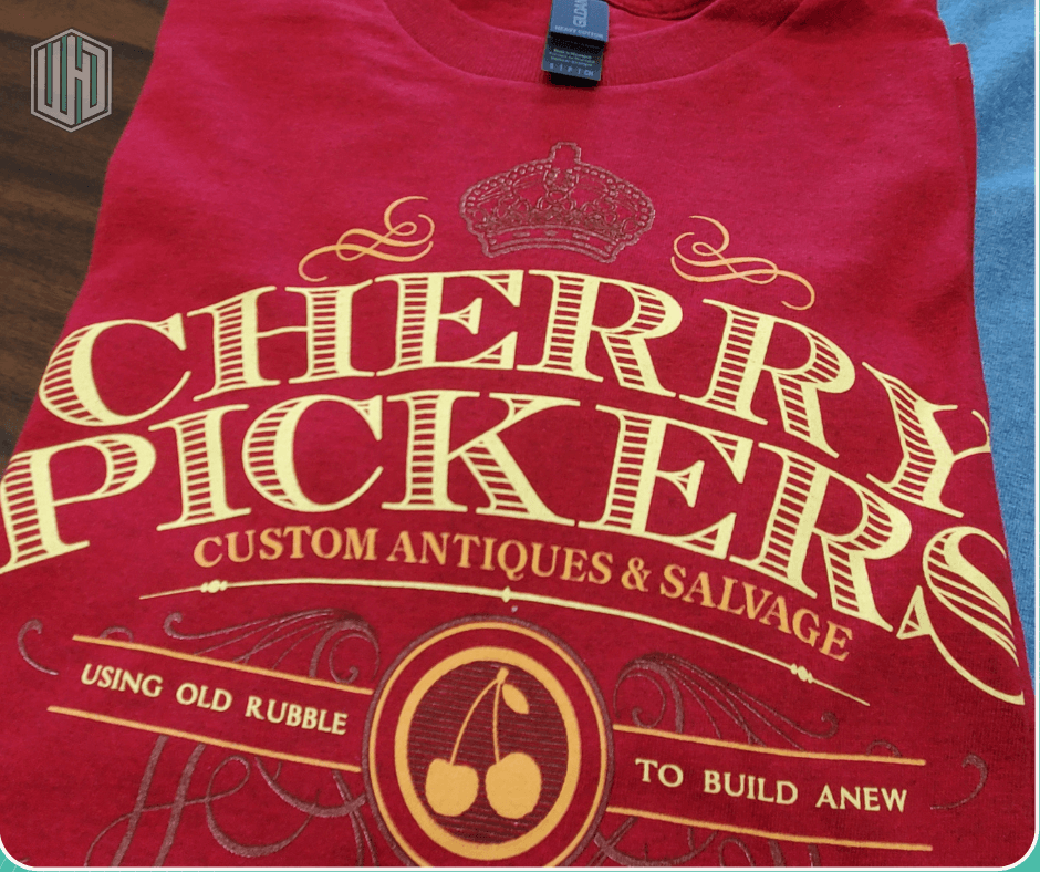 Screen printing example - Cherry Pickers vintage style shirt