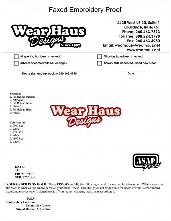 Faxed embroidery proof example