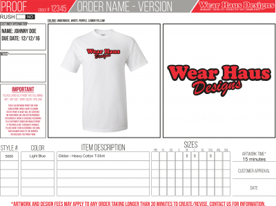 Example screen print art proof showing design placement on garment