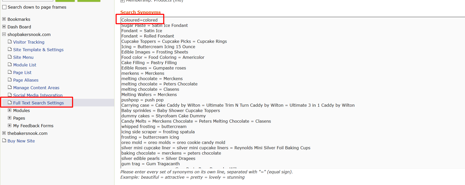Full text search settings Synonyms