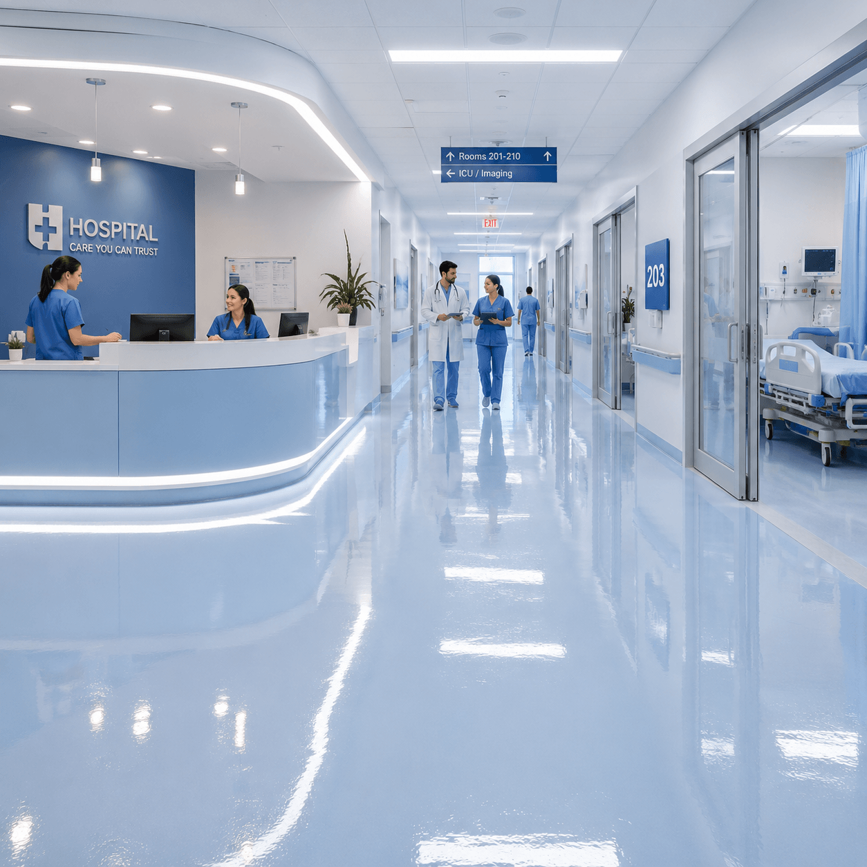 Hospital con piso epóxico azul claro ultra reflejante