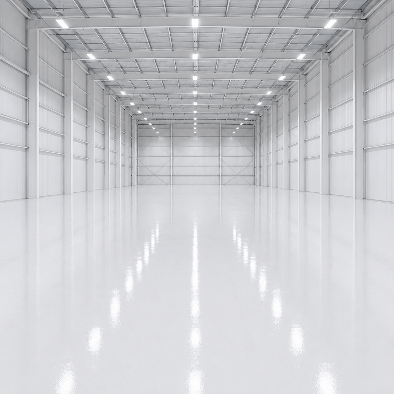 Nave industrial con piso epóxico blanco reflejante