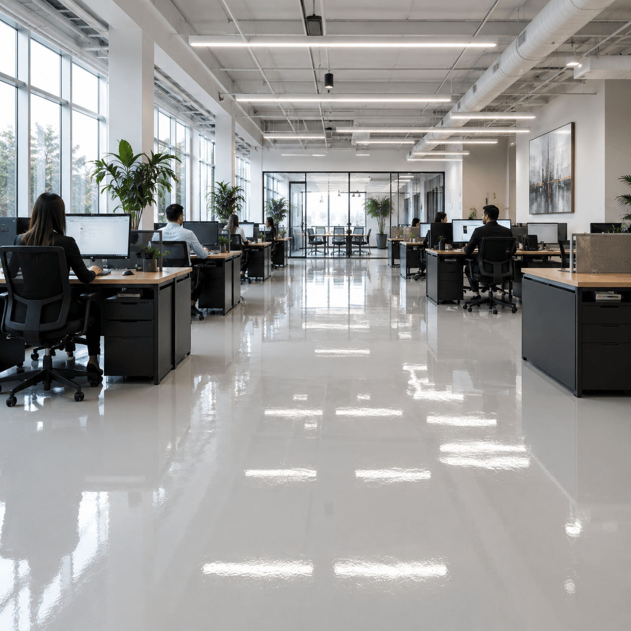 Oficina con piso epóxico gris claro ultra reflejante