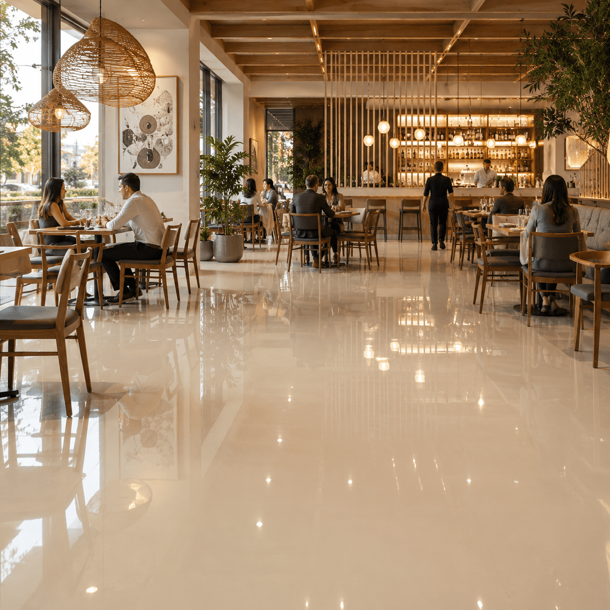 Restaurante con piso epóxico beige claro ultra reflejante