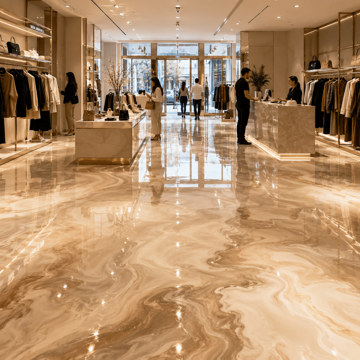 Tienda de lujo con piso epóxico metálico beige ultra reflejante