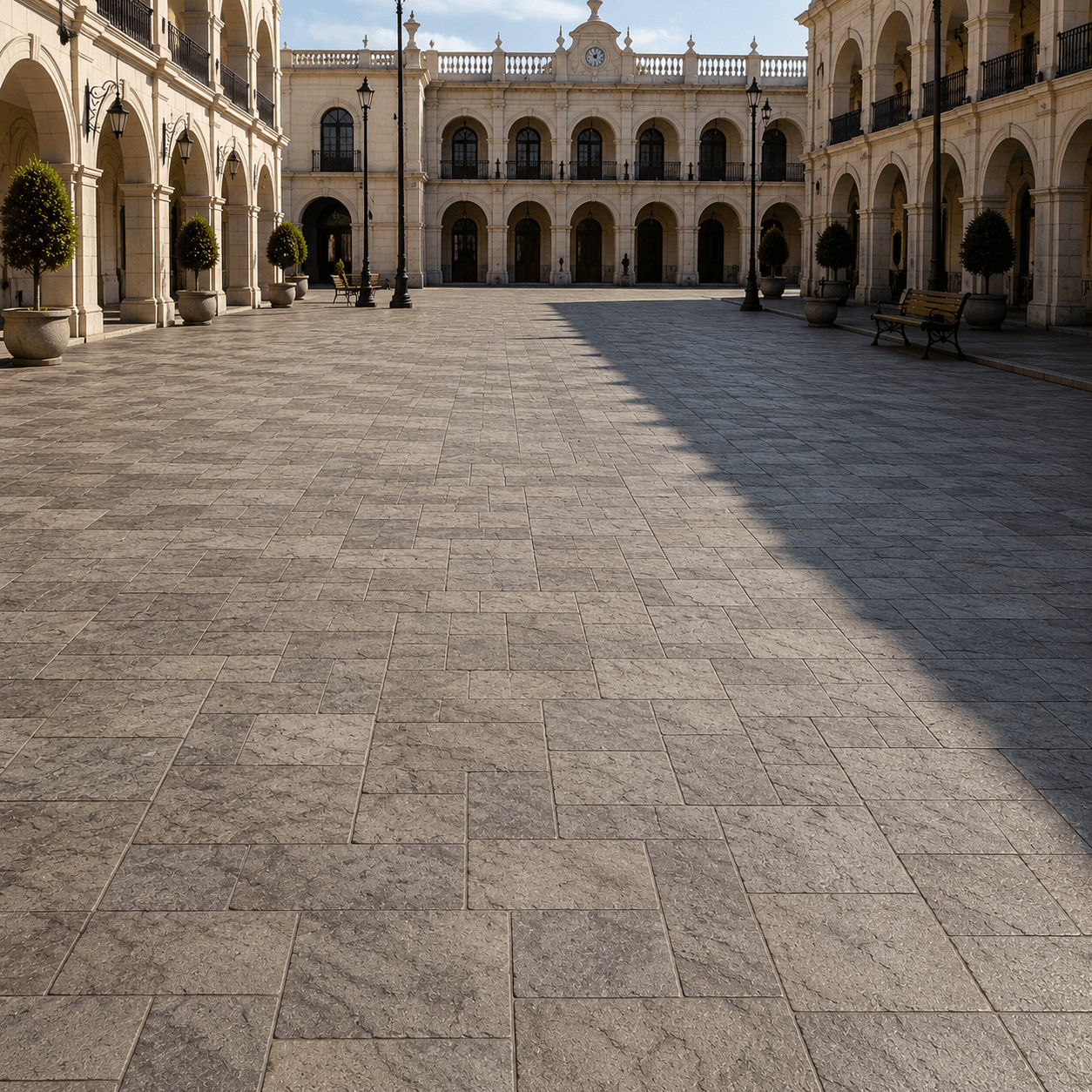 Explanada cívica rodeada de edificios con arcos y piso gris de concreto estampado ultradelgado con textura simple