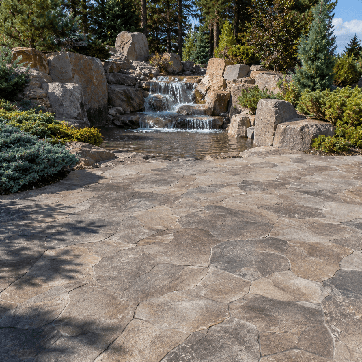 Parque temático con piso de concreto estampado ultradelgado para andadores decorativos y áreas exteriores de alto tráfico
