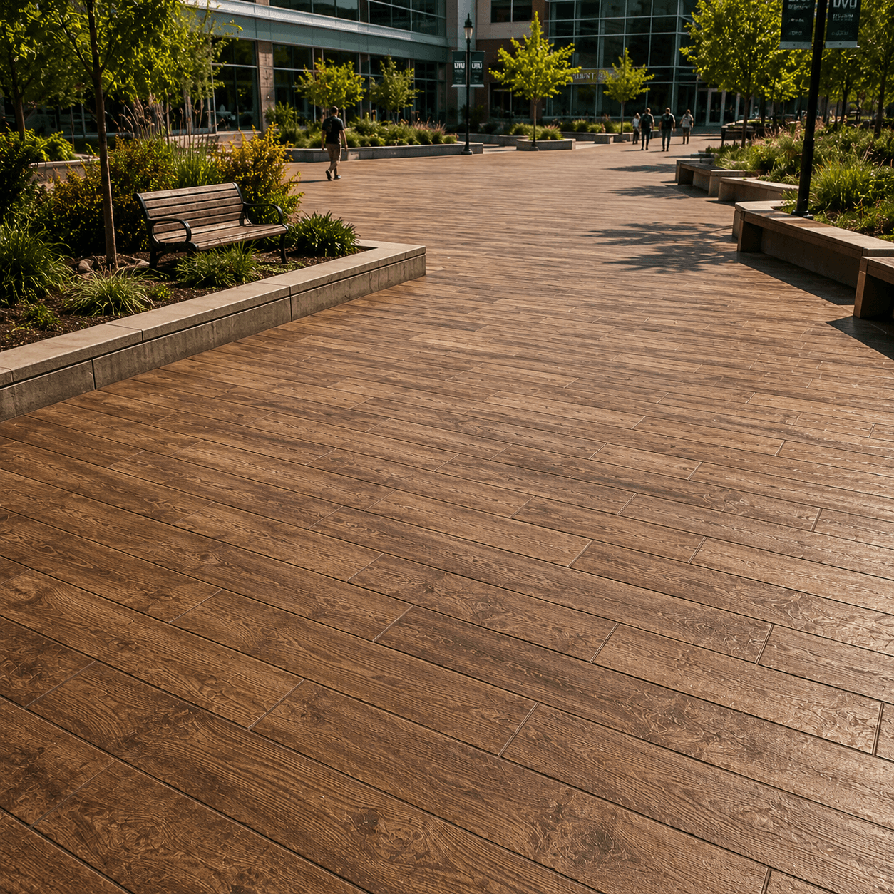 Explanada universitaria con piso estampado tipo tablón de madera en tonos cafés sobre concreto existente