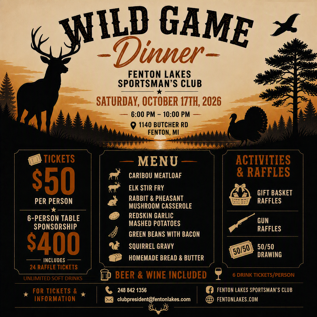 Wild Game Dinner flyer with event details