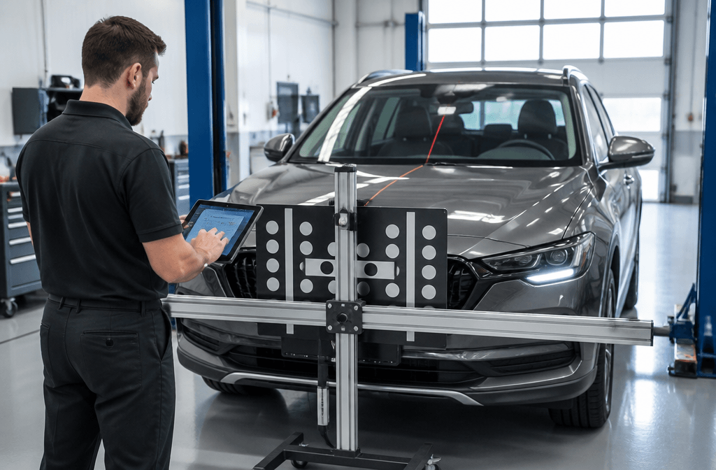 Auto glass technician using ADAS calibration equipment in front of an SUV after windshield replacement