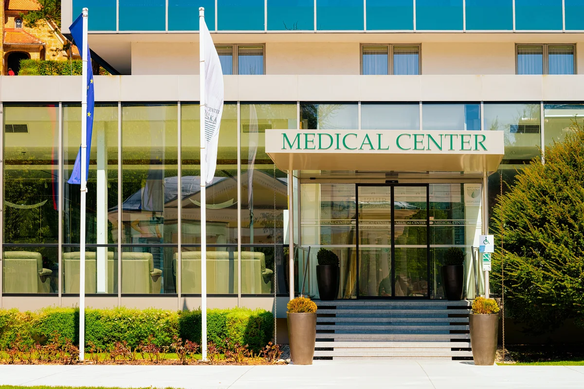 Commercial medical center glass facade with curtain wall glazing