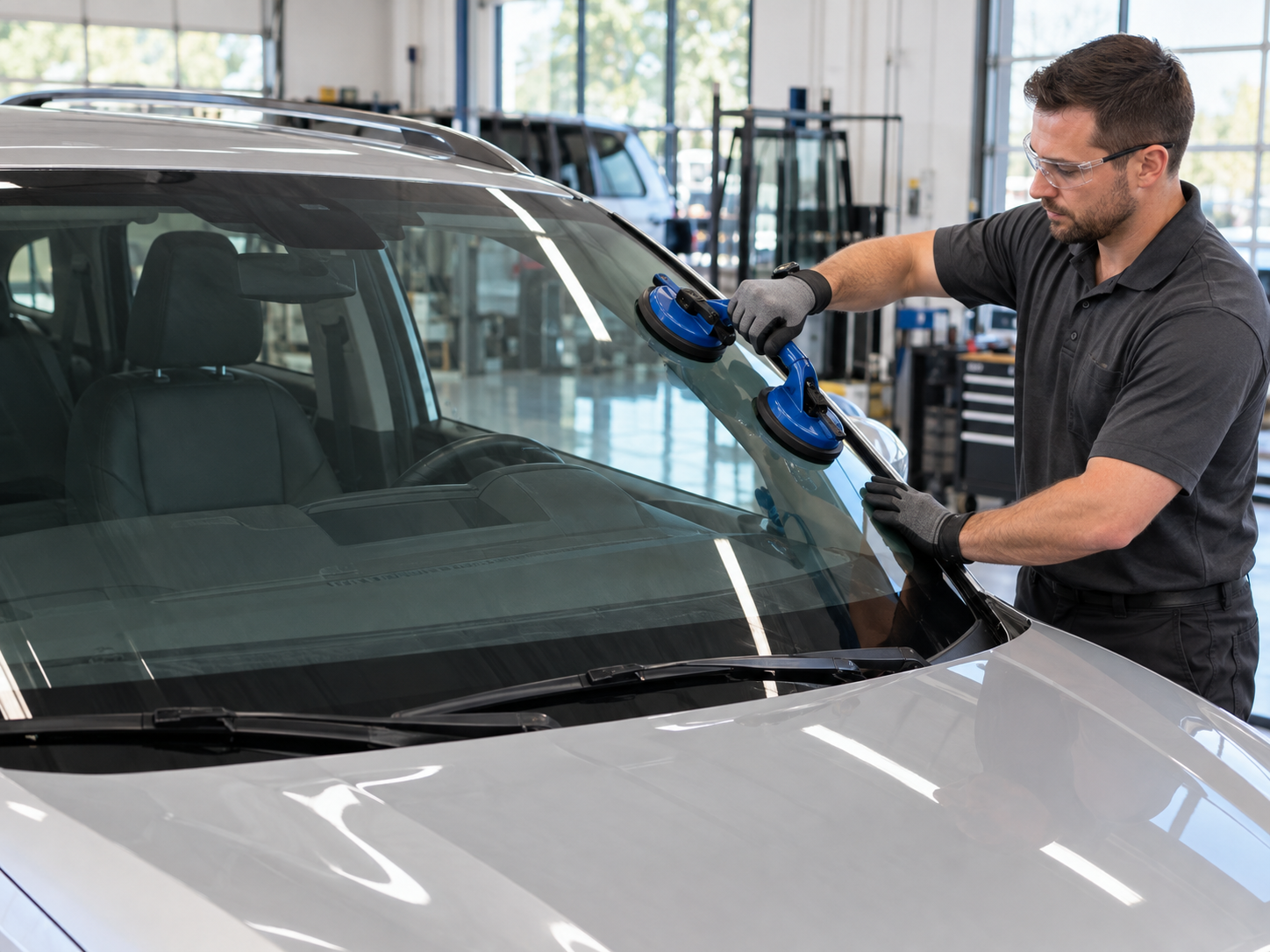 AI-generated concept of a technician fitting a vehicle windshield in a glass workshop