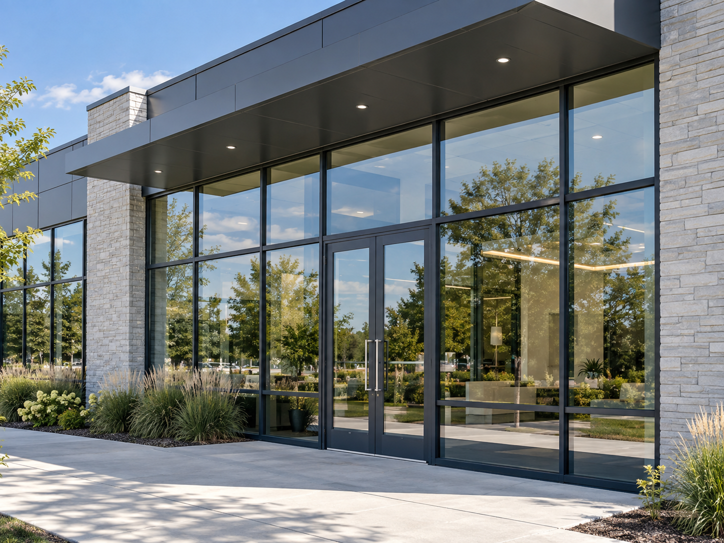 AI-generated concept of an unbranded commercial building with large glass panels and entry doors