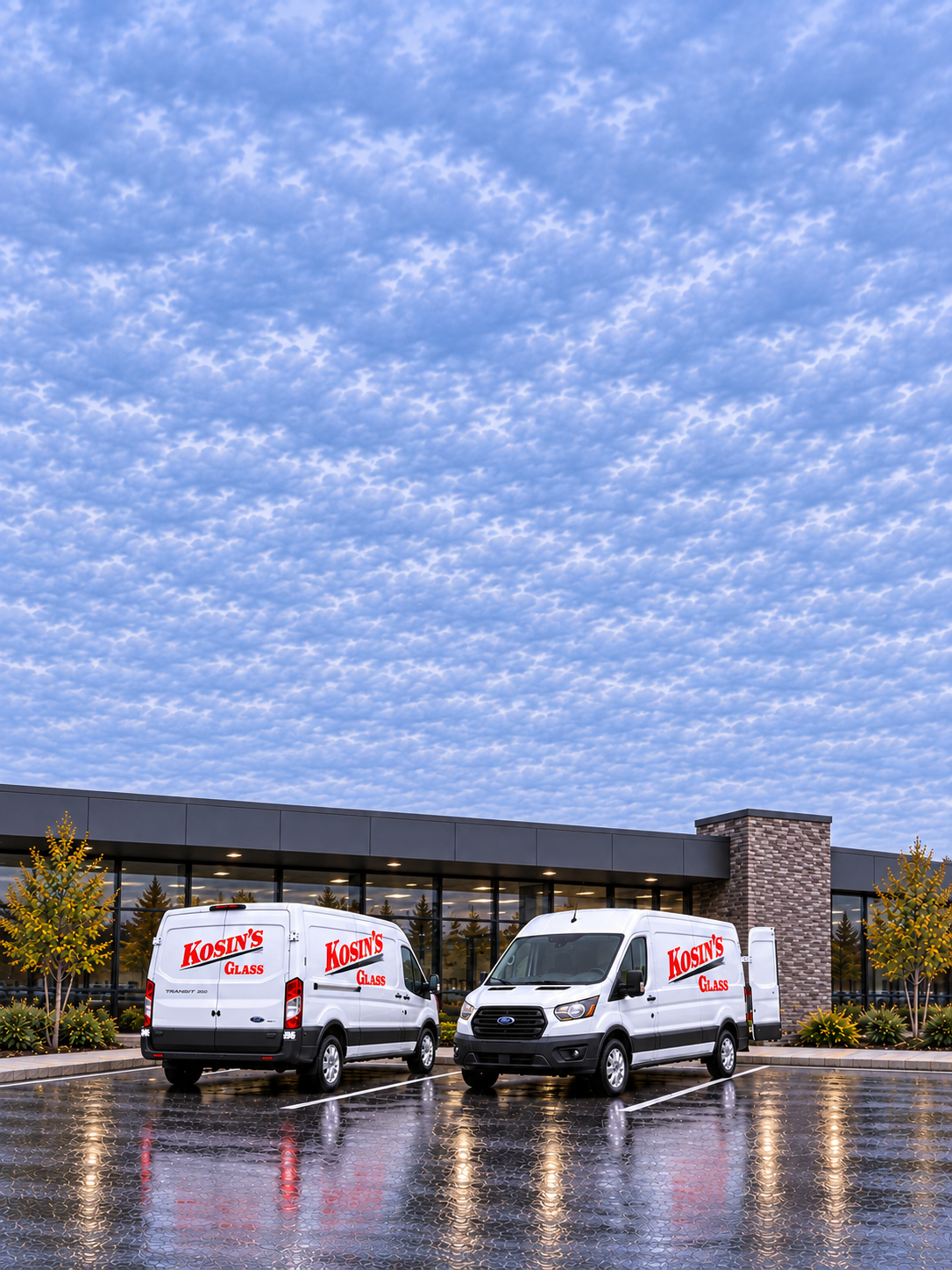Concept image of two Kosin’s Glass service vans at a commercial building, one with its cargo door open