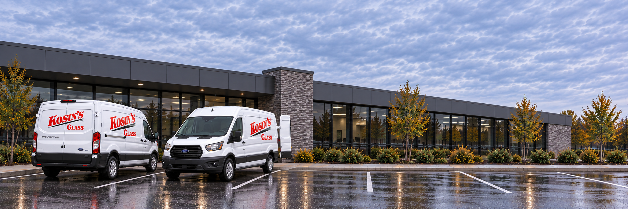 Concept image of two Kosin’s Glass service vans at a commercial building, one with its cargo door open