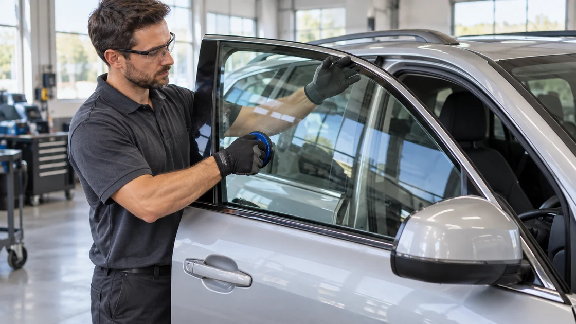 Technician fitting a replacement side window in a vehicle