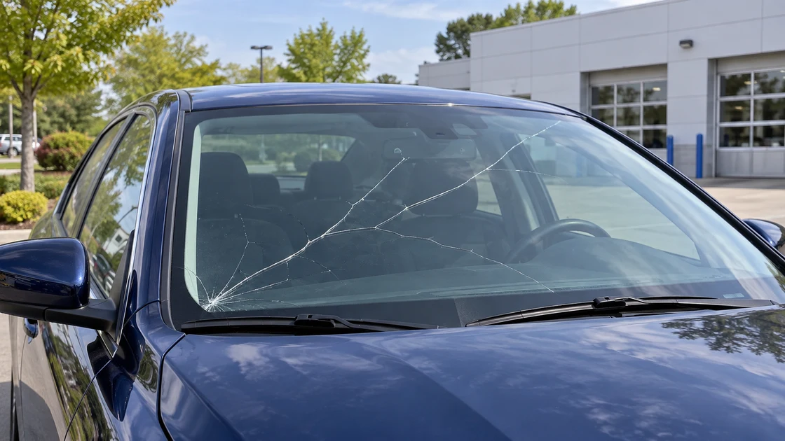 Parked car with a spreading windshield crack awaiting glass replacement