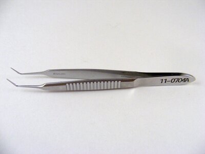 McPherson tying forceps, 3 3/8", angled shafts with 4mm tying platforms, narrow, serrated handle