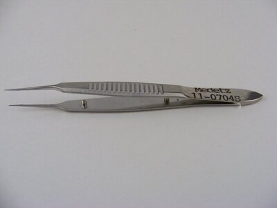 McPherson tying forceps, 3 3/8", straight shafts with 4mm tying platforms, narrow, serrated handle