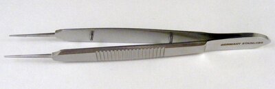 Harms-Tubingen tying forceps, 4", straight shafts with tying platforms, narrow handle