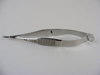 Vannas Capsulotomy Scissors, Sharp Pointed Tips, Curved 5mm Blades, 90mm Overall Length, Serrated handle, Stainless Steel