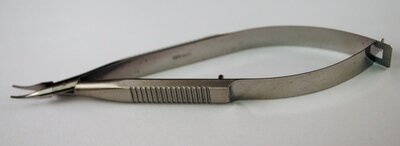 McPherson needle holder, 4 1/4", strongly curved, fine 11mm jaws, flat serrated handle, without lock