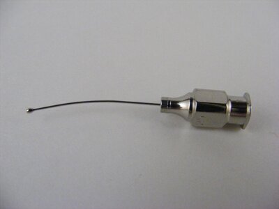 Troutman Olive Tip Cannula 25ga with 1mm Stainless ball tip, Gently Curved Shaft, 27mm Overall Length