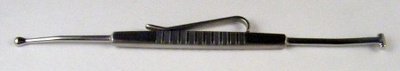 Schocket Scleral Depressor DBL-Ended T-Shaped Hammer Head tip, / Half Ball-Shaped tip, Both Sides are Slightly Angled 16mm from bend to tip, Comes with Pocket clip, Flat Handle, 137mm