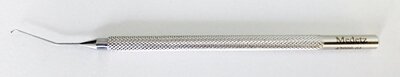 Ambidextrous Chopper Curved Interior Cutting Edge with .5mm Olive Shaped Tip, Ambidextrous, Slightly Angled 15mm from bend to tip, Round Knurled Handle, 117mm Overall Length, Stainless Steel