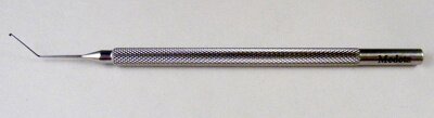 Kuglen Iris Hook Lens Manipulator Push-Pull Model, Angled 10mm from bend to tip, Round Knurled Handle, 115mm Overall Length, Stainless Steel