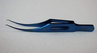 Harms-Colibri Forceps Very Delicate 1x2 Teeth set at 45 Degree, .12mm, with 6mm Tying Platform, Oval Hole Flat Handle, 75mm Overall Length, Titanium