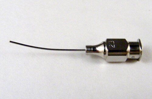 Corbin Sub-Tenon's Anesthesia Cannula 23ga Strong Curved Shaft, .3mm side port, smooth rounded tip, 25mm Overall Length