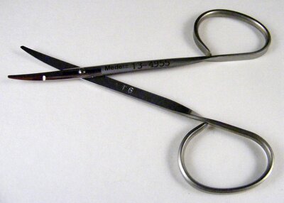 Kaye Fine Dissecting Scissor curved, ribbon handle, one serrated blade OL 110mm (4 1/4")