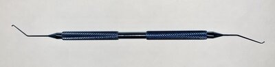Seibel nucleus chopper & safety quick chopper, 5 1/2", double-ended angled shafts, 10.0mm from bend to tips, 0.5mm olive-shaped tip, curved interior cutting edge, 0.5mm olive-shaped quick-chop tip, for use in the right hand, round handle, titanium