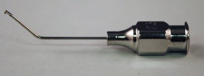 Graether Collar Button 23ga, .25mm dual ports facing left and right, Roughened posterior surface, Angled 10mm from bend to tip at 45 degree, 22mm Overall Length