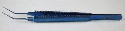 Utrata/Kershner Capsulorhexis Cystotome Forceps, Angled 11.5mm from bend to tip with Extremely Thin Sharp Triangular Grasping Tips, Round Knurled Handle with Flat and with Guide Pin, 105mm Overall Length, Titanium
