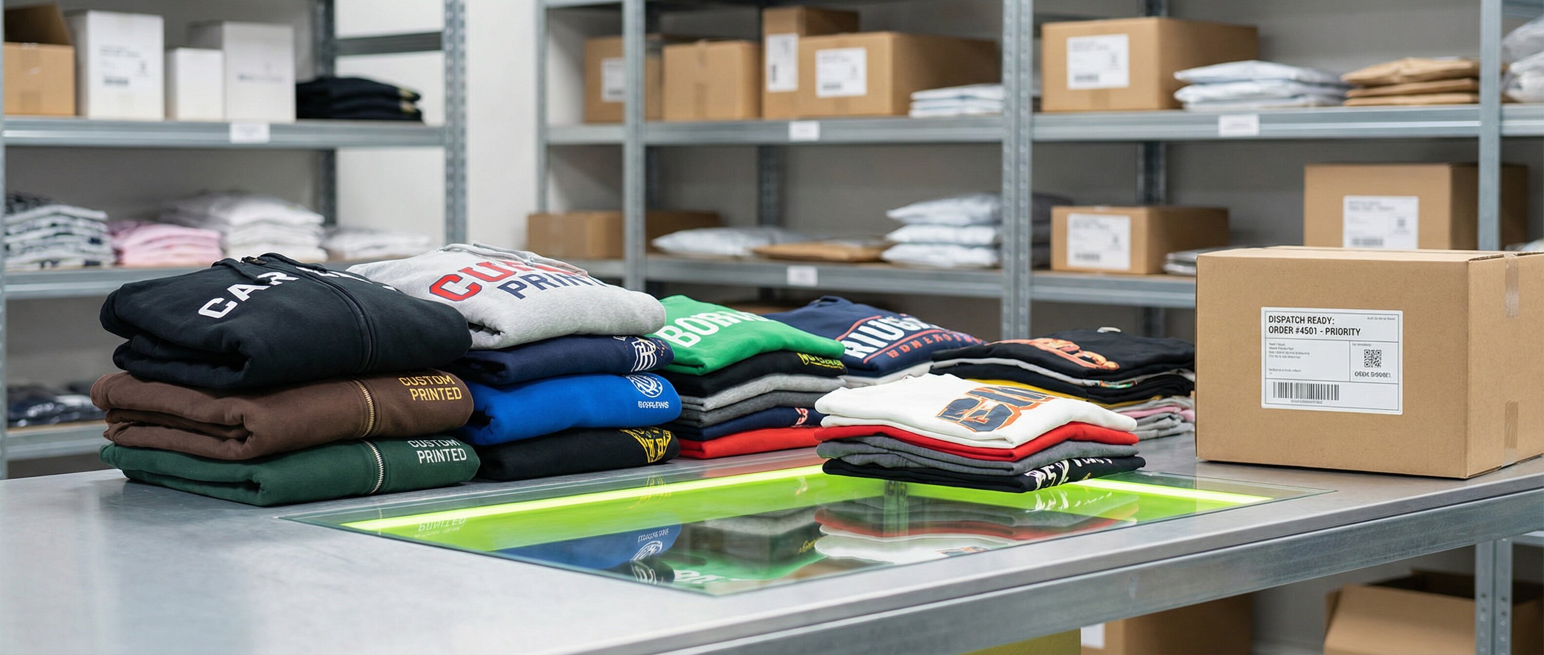 Custom printed apparel stacked on work table ready for shipping