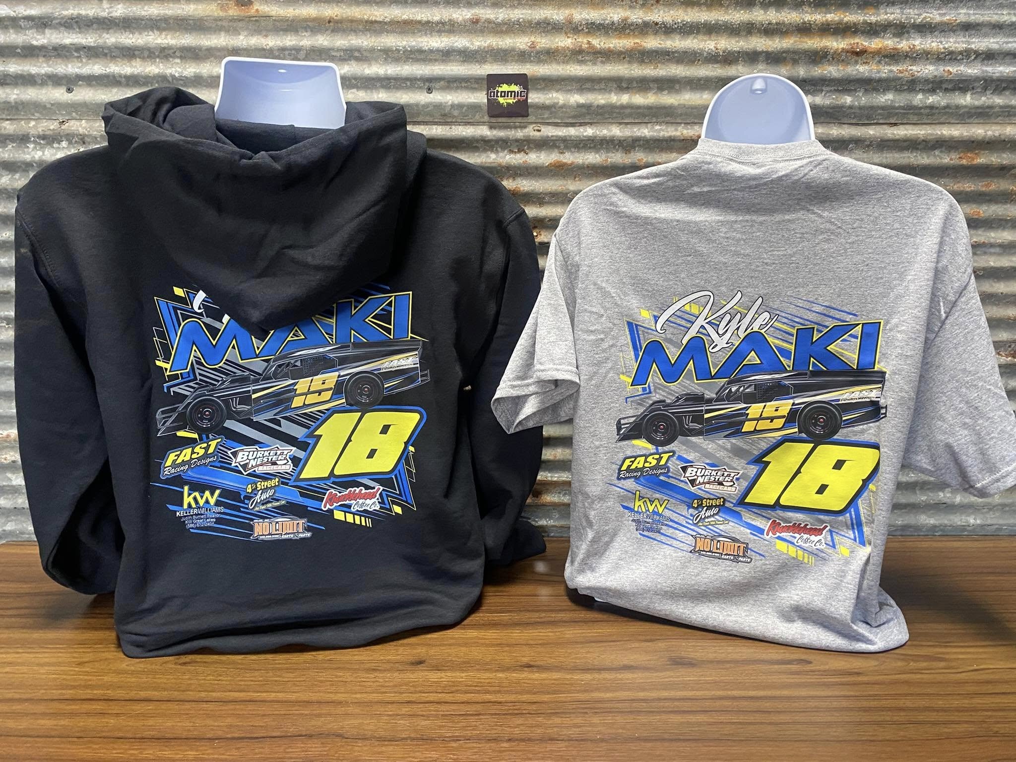 Custom motorsports screen printed hoodie and t-shirt for Kyle Maki race team