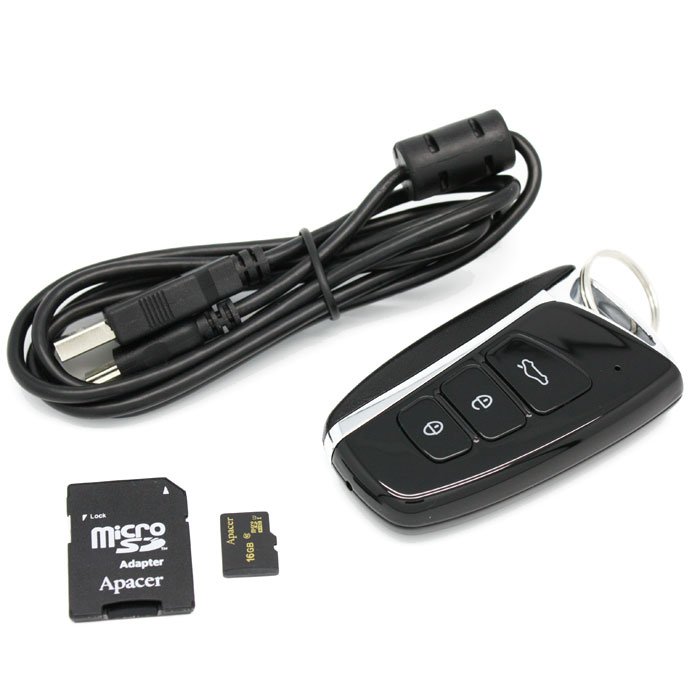 The DVR203HD includes a Key Ring, 16GB Micro SD Card with adapter, and a USB cable for charging.
