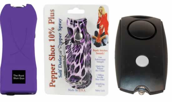 Runt Stun Gun; Purple Cheetah Print Pepper Spray; Personal Alarm