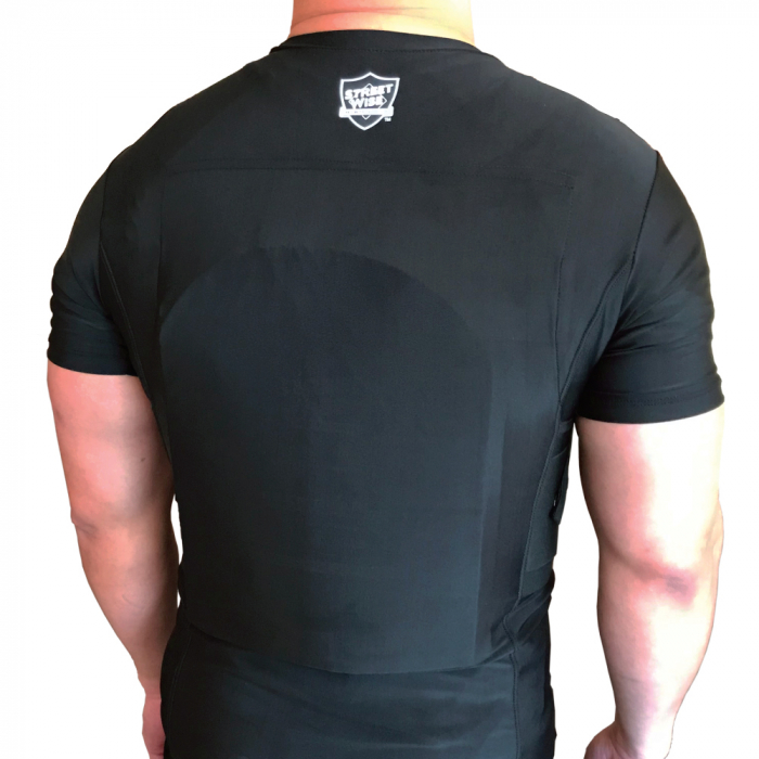 The ballistic plate pouches are located in the front and back of the shirt