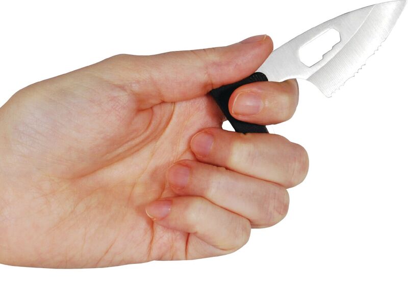 a 2-inch stainless blade that is razor sharp and serrated to cut through even the toughest materials with ease