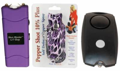 Li'l Guy Stun Gun, Purple Cheetah Print Pepper Spray; Personal Alarm